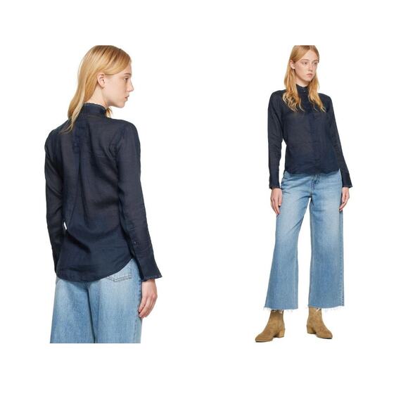 Rag & Bone Navy Ruffle Trim Salute Jordan Button Down Shirt NWT - Picture 1 of 7